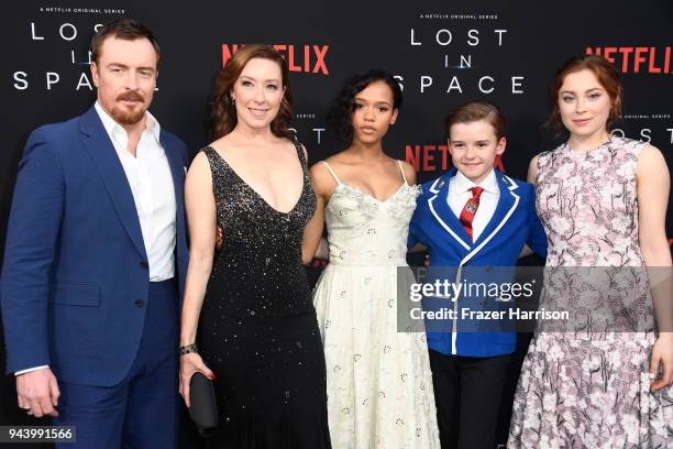 Toby Stephens, Molly Parker, Taylor Russell, Maxwell Jenkins, and Mina Sundwall attend the premiere of Netflix's "Lost In Space" Season 1 at The...