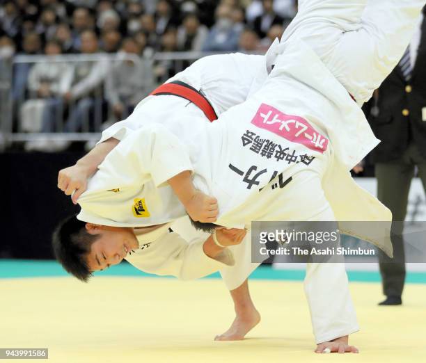 Kenta Nagasawa throws Mashu Baker in the Men's -90kg final on day two of the All Japan Judo Championships by Weight Category at Fukuoka Convention...