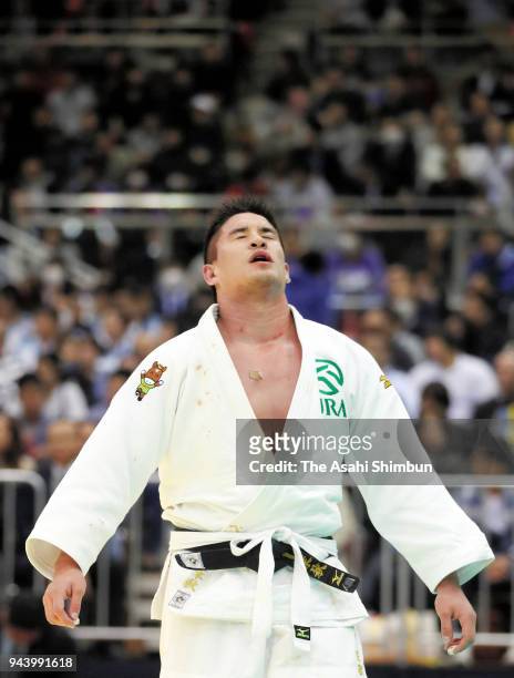Mashu Baker reacts after his defeat by Kenta Nagasawa in the Men's -90kg final on day two of the All Japan Judo Championships by Weight Category at...