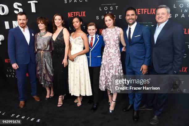 Toby Stephens, Parker Posey, Molly Parker, Taylor Russell, Maxwell Jenkins, Mina Sundwall, Ignacio Serricchio, and Netflix CCO Ted Sarandos attend...