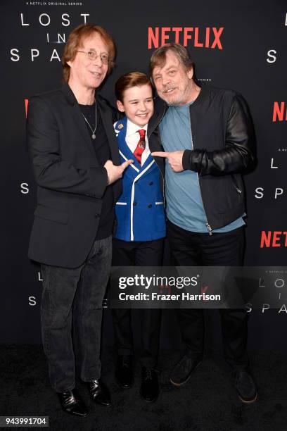 Bill Mumy, Maxwell Jenkins, and Mark Hamill attend the premiere of Netflix's "Lost In Space" Season 1 at The Cinerama Dome on April 9, 2018 in Los...