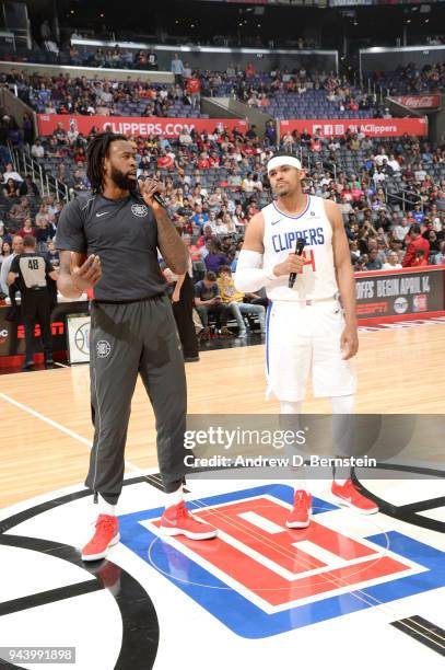 DeAndre Jordan and Tobias Harris of the LA Clippers address the crowd before the game against the New Orleans Pelicans on April 9, 2018 at STAPLES...