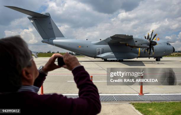 Picture of the Colombian Air Force's new Airbus A400M transport and logistics airplane taken upon its arrival at Catam airport in Bogota, on April 9,...