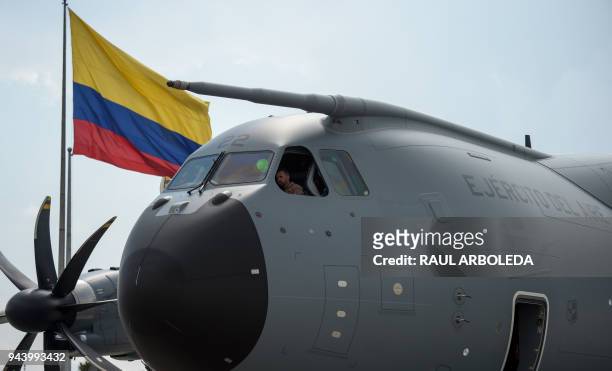 Picture of the Colombian Air Force's new Airbus A400M transport and logistics airplane taken upon its arrival at Catam airport in Bogota, on April 9,...