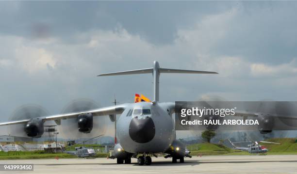 Picture of the Colombian Air Force's new Airbus A400M transport and logistics air plane taken upon its arrival at Catam airport in Bogota, on April...