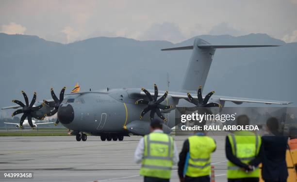 Picture of the Colombian Air Force's new Airbus A400M transport and logistics airplane taken upon its arrival at Catam airport in Bogota, on April 9,...