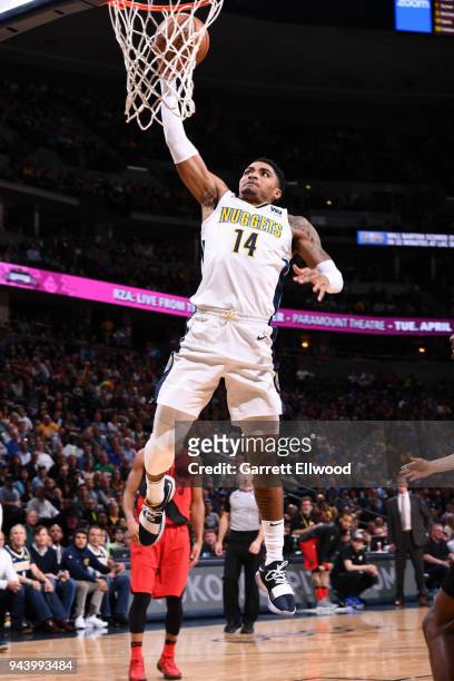 Gary Harris of the Denver Nuggets drives to the basket against the Portland Trail Blazers on APRIL 9, 2018 at the Pepsi Center in Denver, Colorado....