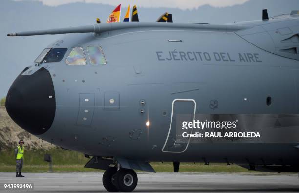 Picture of the Colombian Air Force's new Airbus A400M transport and logistics airplane taken upon its arrival at Catam airport in Bogota, on April 9,...