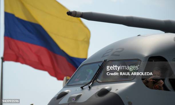 Picture taken during the arrival of the Colombian Air Force's new Airbus A400M transport and logistics airplane, at Catam airport in Bogota, on April...