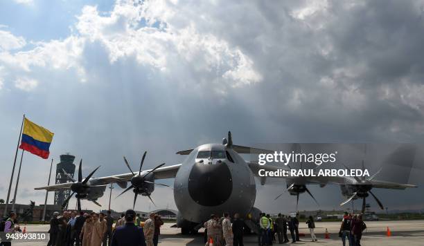 Picture of the Colombian Air Force's new Airbus A400M transport and logistics airplane taken upon its arrival at Catam airport in Bogota, on April 9,...