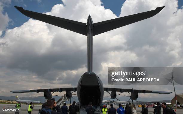 Picture of the Colombian Air Force's new Airbus A400M transport and logistics airplane taken upon its arrival at Catam airport in Bogota, on April 9,...