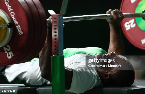 Roland Ezuruike of Nigeria competes in the Men's Lightweight Final during the Para Powerlifting on day six of the Gold Coast 2018 Commonwealth Games...