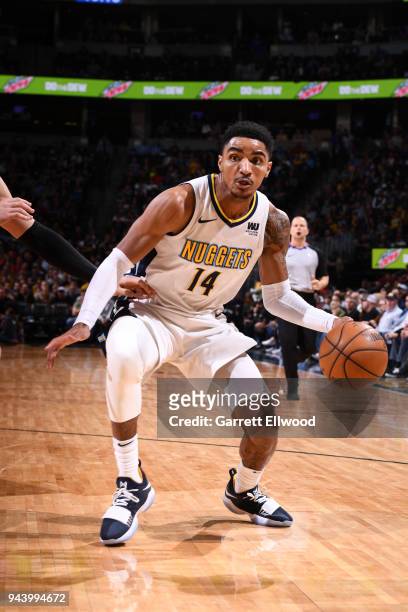 Gary Harris of the Denver Nuggets handles the ball against the Portland Trail Blazers on APRIL 9, 2018 at the Pepsi Center in Denver, Colorado. NOTE...