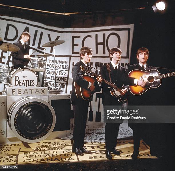 English rock and pop group The Beatles, from left, Ringo Starr, George Harrison, Paul McCartney and John Lennon, perform 'I Want To Hold Your Hand'...