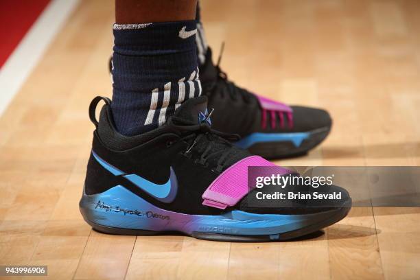 The sneakers of Stanley Johnson of the Detroit Pistons seen during the game against the Toronto Raptors on April 9, 2018 at Little Caesars Arena in...