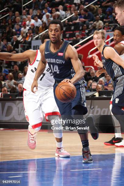 Ish Smith of the Detroit Pistons handles the ball against the Toronto Raptors on April 9, 2018 at Little Caesars Arena in Detroit, Michigan. NOTE TO...
