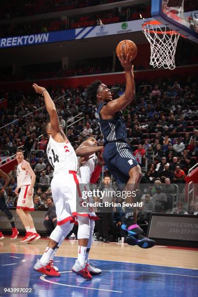 Stanley Johnson of the Detroit Pistons goes to the basket against the Toronto Raptors on April 9, 2018 at Little Caesars Arena in Detroit, Michigan....