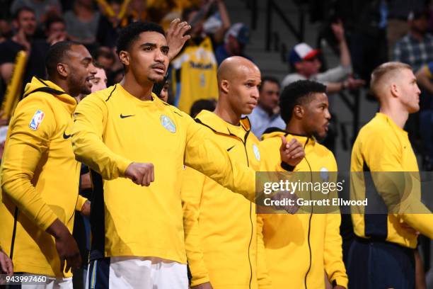 Gary Harris and the Denver Nuggets bench celebrates during the game against the Portland Trail Blazers on APRIL 9, 2018 at the Pepsi Center in...