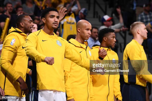 Gary Harris and the Denver Nuggets bench celebrates during the game against the Portland Trail Blazers on APRIL 9, 2018 at the Pepsi Center in...