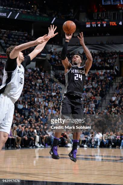 Buddy Hield of the Sacramento Kings shoots the ball against the San Antonio Spurs on April 9, 2018 at the AT&T Center in San Antonio, Texas. NOTE TO...