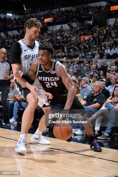 Buddy Hield of the Sacramento Kings handles the ball against the San Antonio Spurs on April 9, 2018 at the AT&T Center in San Antonio, Texas. NOTE TO...