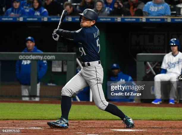 Ichiro Suzuki of the Seattle Mariners grounds out in the third inning against the Kansas City Royals at Kauffman Stadium on April 9, 2018 in Kansas...