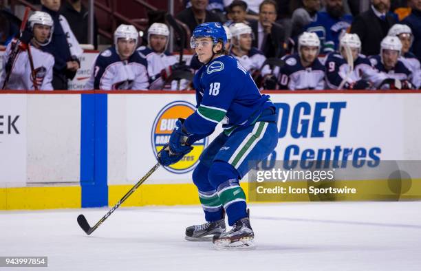 Vancouver Canucks Right Wing Jake Virtanen skates against the Columbus Blue Jackets during the third period in a NHL hockey game on March 31 at...