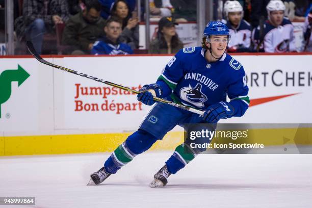 Vancouver Canucks Right Wing Jake Virtanen skates against the Columbus Blue Jackets during the third period in a NHL hockey game on March 31 at...