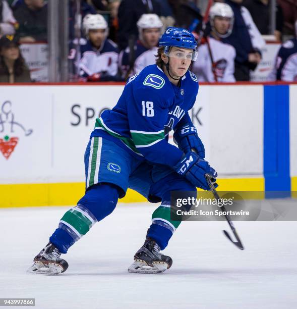 Vancouver Canucks Right Wing Jake Virtanen skates against the Columbus Blue Jackets during the third period in a NHL hockey game on March 31 at...