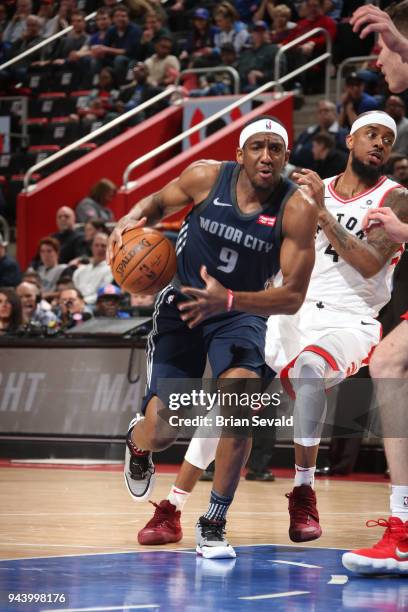 Langston Galloway of the Detroit Pistons handles the ball against the Toronto Raptors on April 9, 2018 at Little Caesars Arena in Detroit, Michigan....