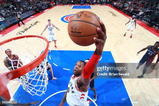 Miles of the Toronto Raptors goes to the basket against the Detroit Pistons on April 9, 2018 at Little Caesars Arena in Detroit, Michigan. NOTE TO...