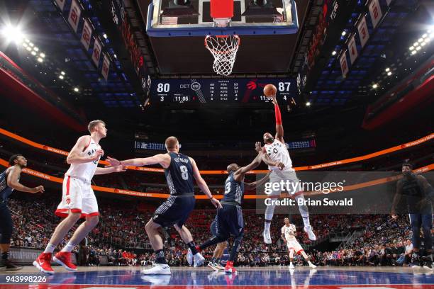 Miles of the Toronto Raptors shoots the ball against the Detroit Pistons on April 9, 2018 at Little Caesars Arena in Detroit, Michigan. NOTE TO USER:...