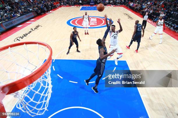 Delon Wright of the Toronto Raptors shoots the ball against the Detroit Pistons on April 9, 2018 at Little Caesars Arena in Detroit, Michigan. NOTE...