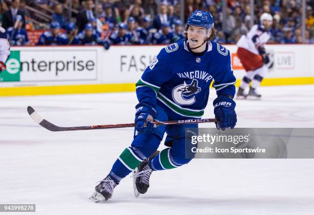 Vancouver Canucks Center Adam Gaudette skates against the Columbus Blue Jackets during the second period in a NHL hockey game on March 31 at Rogers...