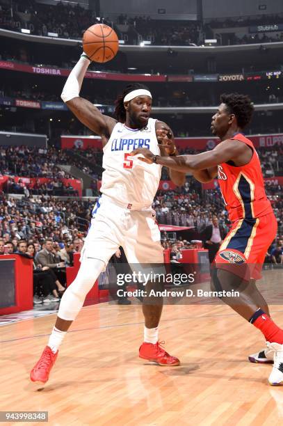 Montrezl Harrell of the LA Clippers handles the ball against the New Orleans Pelicans on April 9, 2018 at STAPLES Center in Los Angeles, California....