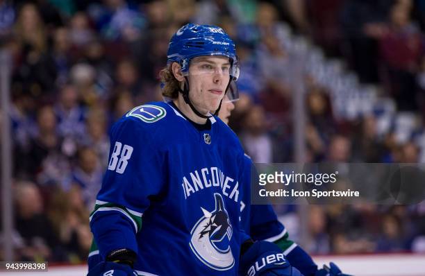Vancouver Canucks Center Adam Gaudette during a stop in play in the second period in a NHL hockey game against the Columbus Blue Jackets on March 31...