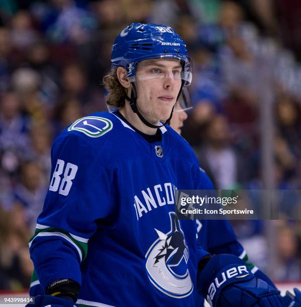 Vancouver Canucks Center Adam Gaudette during a stop in play in the second period in a NHL hockey game against the Columbus Blue Jackets on March 31...