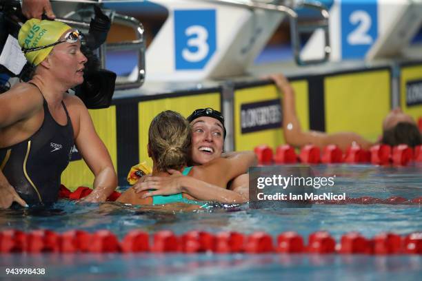 Alys Thomas of Wales celebrates winning the Women's 200m Butterfly on day five of the Gold Coast 2018 Commonwealth Games at Optus Aquatic Centre on...