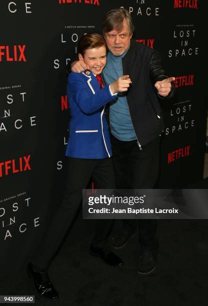Maxwell Jenkins and Mark Hamill attend the premiere of Netflix's 'Lost In Space' Season 1 on April 9, 2018 in Los Angeles, California.