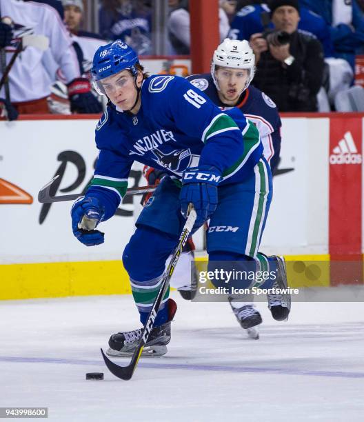 Vancouver Canucks Right Wing Jake Virtanen skates against the Columbus Blue Jackets during the third period in a NHL hockey game on March 31 at...