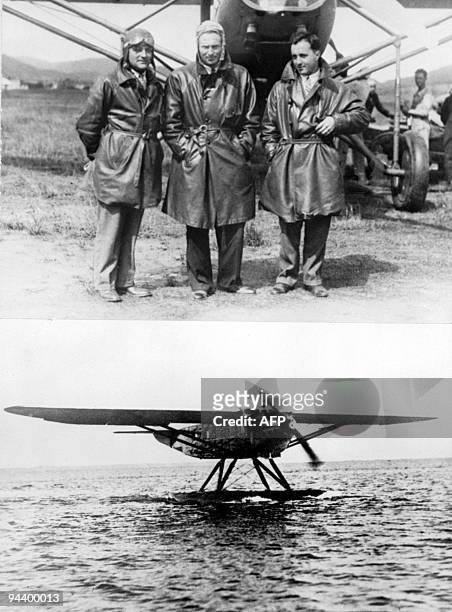 Combo of two pictures dated of May 1930 showing French crew Jean Dabry , pilot Jean Mermoz and Leo Gimie before their inaugural flight across the...