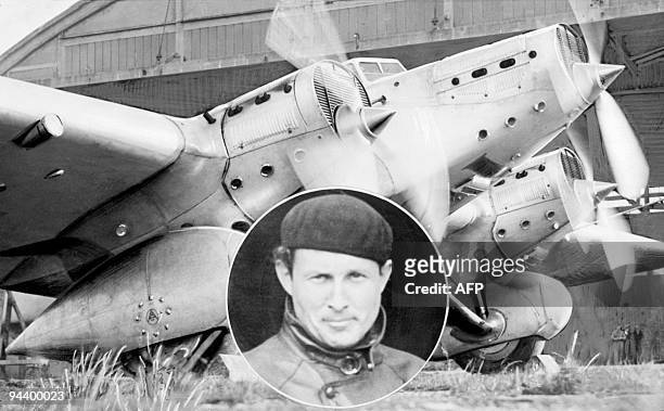 Combo of two undated pictures showing an inset of French pilot Jean Mermoz and his plane "Arc-en-ciel". Jean Mermoz was the first pilot to fly from...