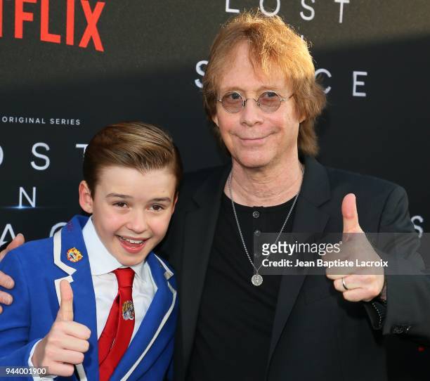 Bill Mumy and Maxwell Jenkins attend the premiere of Netflix's 'Lost In Space' Season 1 on April 9, 2018 in Los Angeles, California.