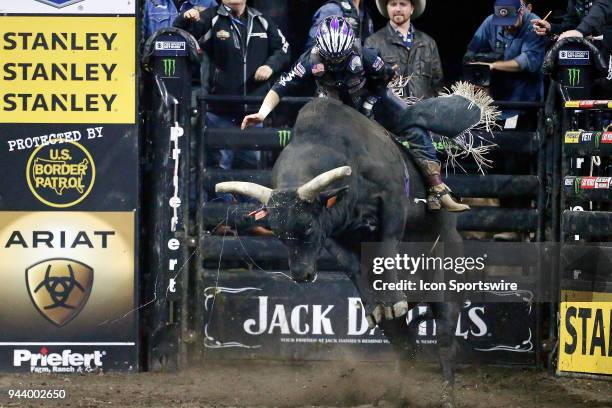 Stetson Lawrence rides bull Crazy Days during Championship round of the 25th Professional Bull Riders Unleash The Beast, on April 8 at Denny Sanford...