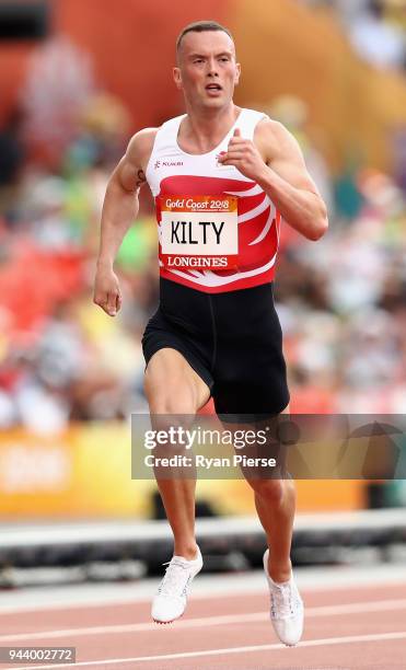 Richard Kilty of England competes in the Men's 200 metres heats during the Athletics on day six of the Gold Coast 2018 Commonwealth Games at Carrara...