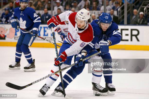 Montreal Canadiens Center Jonathan Drouin and Toronto Maple Leafs Defenceman Nikita Zaitsev battle for the puck during the final NHL 2018...