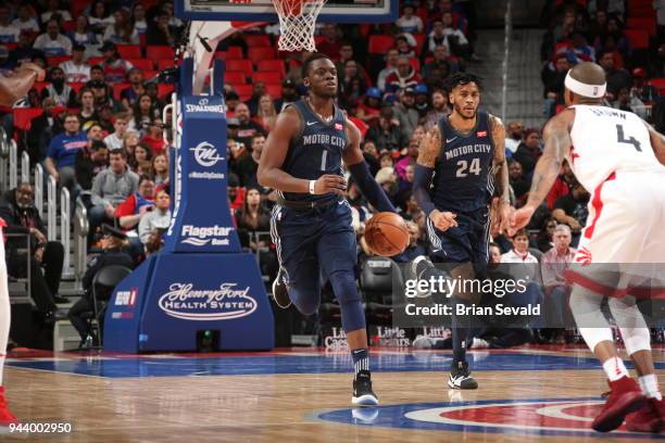 Reggie Jackson of the Detroit Pistons handles the ball against the Toronto Raptors on April 9, 2018 at Little Caesars Arena in Detroit, Michigan....