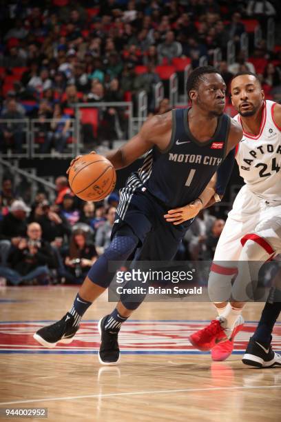 Reggie Jackson of the Detroit Pistons handles the ball against the Toronto Raptors on April 9, 2018 at Little Caesars Arena in Detroit, Michigan....