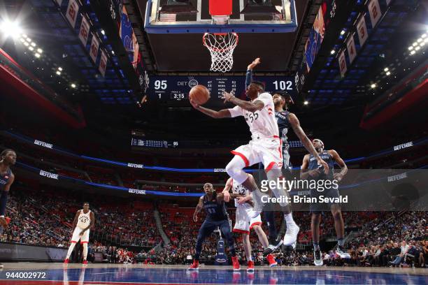 Delon Wright of the Toronto Raptors handles the ball against the Detroit Pistons on April 9, 2018 at Little Caesars Arena in Detroit, Michigan. NOTE...
