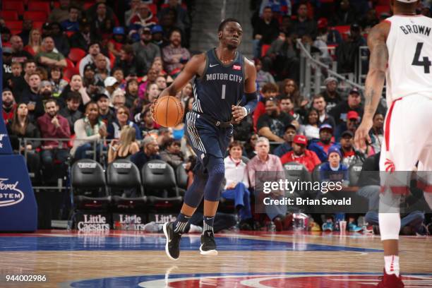 Reggie Jackson of the Detroit Pistons handles the ball against the Toronto Raptors on April 9, 2018 at Little Caesars Arena in Detroit, Michigan....